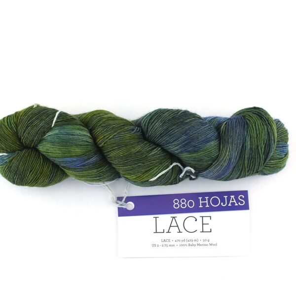 Malabrigo Lace in color Hojas, Lace Weight Merino Wool Knitting Yarn, forest of greens, #880