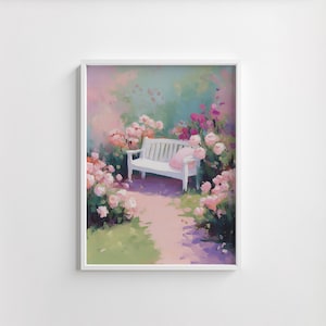 Cottagecore trädgårdsbänkmålning - romantiskt blomlandskap, pastell akvarell, mysig väggkonst, utskrivbar digital nedladdning, lugn inredning