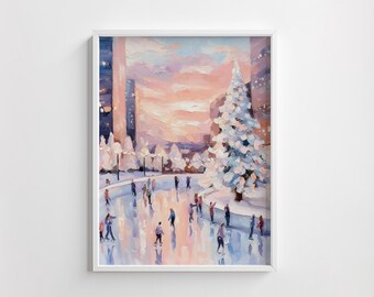 May include: A framed painting depicts an ice skating scene in a city park. The artwork features a large, snow-covered Christmas tree and several buildings. The sky is a blend of pink and orange hues, and skaters are visible on the ice.