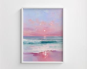 Art imprimable pastel de paysage marin de lever de soleil - scène d'océan de rêve, décoration côtière pastel vibrante, paysage de plage serein, téléchargement numérique instantané