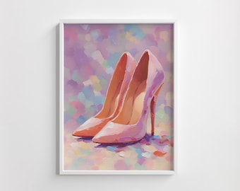 Elegancki różowy wydruk artystyczny na szpilce, żywa, glamourowa dekoracja ścienna, pastelowa ilustracja modowa, sztuka w stylu kobiecym, cyfrowe pobieranie natychmiastowe