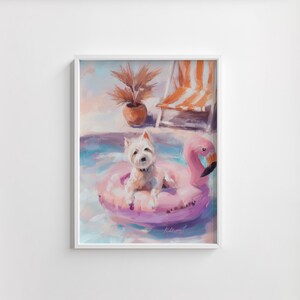 May include: A framed painting depicts a white dog floating in a pool on a pink flamingo-shaped inflatable. The dog is wearing a black collar. A lounge chair and potted plant are in the background. The artwork has a soft, painterly style.