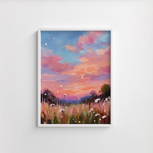 Könnte beinhalten: Gerahmtes Landschaftsgemälde, das einen Sonnenuntergang mit einem lebendigen Himmel in Rosa-, Orange- und Blautönen zeigt. Der Vordergrund zeigt ein Feld mit hohem Gras und weißen Blumen, mit Bäumen, die sich vor dem farbenfrohen Himmel abzeichnen.