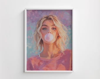 Bubblegum Girl Portrait Print of a Blonde Woman Blowing a Pink Bubble, Cool Girl Art for Teen Room Decor (Printable Digital Download)