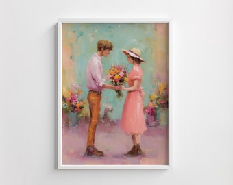 Romantic Pastel Couple with Bouquet, Impressionist Printable Wall Art, Tender Vintage Cottagecore Decor, Digital Download Art Print