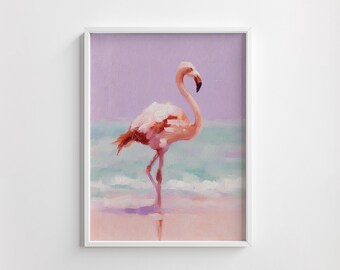 May include: A framed painting of a flamingo standing in shallow water. The artwork features a pink flamingo with a black beak, set against a backdrop of a lavender sky and turquoise water. The painting is in a white frame.