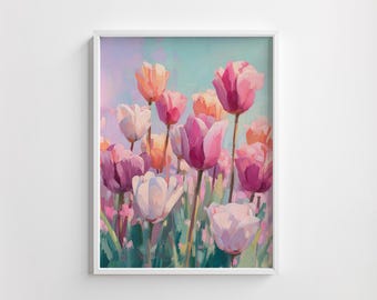 Impresión de ramo de tulipanes primaverales: arte mural floral romántico en tonos pastel, pintura botánica en acuarela estilo cottagecore, decoración digital imprimible