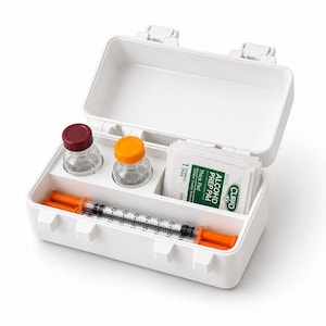 Könnte beinhalten: Eine weiße medizinische Box, geöffnet, um den Inhalt zu zeigen. Im Inneren befinden sich zwei kleine Glasfläschchen mit farbigen Verschlüssen, eine Spritze und Packungen mit Alkoholtupfern. Die Box ist zur Aufbewahrung von medizinischen Artikeln bestimmt.