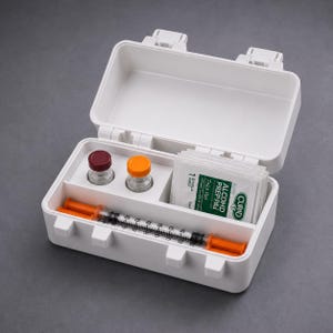Könnte beinhalten: Ein weißer medizinischer Koffer aus Kunststoff, geöffnet, um den Inhalt zu zeigen. Im Inneren befinden sich zwei kleine Fläschchen mit farbigen Verschlüssen, eine Spritze und Packungen mit Alkoholtupfern. Der Koffer hat einen Klappdeckel und einen Griff.