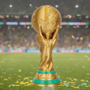 May include: A gold-coloured trophy depicting a globe held by two figures. The base is green and features the words "FIFA WORLD CUP". The background shows a green field and a blurred stadium.