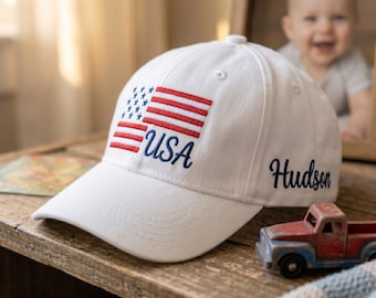 Chapeau enfant drapeau américain personnalisé brodé, casquette de baseball bébé personnalisée, tenue enfant 4 juillet, chapeau patriotique enfant