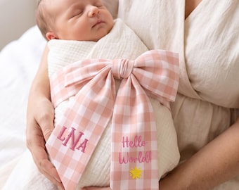 Envoltura personalizada para bebé con lazo, lazo de cuadros vichy con monograma bordado a medida, regalo para baby shower de recién nacido