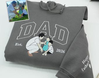 Sweat à capuche papa brodé personnalisé avec photo | Cadeau de fête des pères ou d'anniversaire pour papa | Sweat à capuche personnalisé papa et fils | Chemise portrait