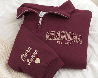 Personalized Embroidered Grandma Quarter Zip, Custom Grandkids Names Pullover, Christmas Gift for Grandma