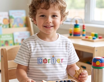 Camiseta infantil bordada a medida, camiseta con nombre personalizado para niños, conjunto para la vuelta al cole, camiseta preescolar, regalo para el jardín de infancia