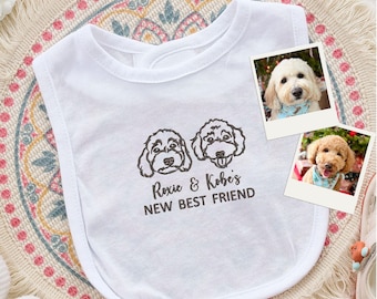 Babero personalizado bordado con retrato de mascota a partir de una foto, babero para bebé perro, regalo para bebé "Nuevo Mejor Amigo", regalo personalizado para baby shower para hermanos de perros