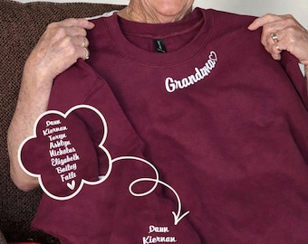 Custom Embroidered Grandma Sweatshirt, Personalized Grandkids Names Sleeve, Minimalist Hoodie