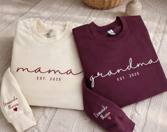 Custom Mama Grandma Sweatshirt, Name Heart Sleeve Embroidery, Est Year Gift