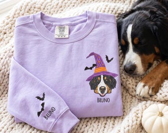 Comfort Colors Personalized Pet Portrait Sweatshirt, Embroidered Halloween Dog Crewneck, Custom Witch Dog Shirt, Dog Mom Gift
