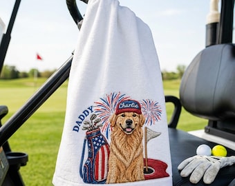 Serviette de golf brodée personnalisée avec portrait de chien avec nom, cadeau du 4 juillet d'une femme, cadeau de golf personnalisé pour chien, accessoire de golf amusant