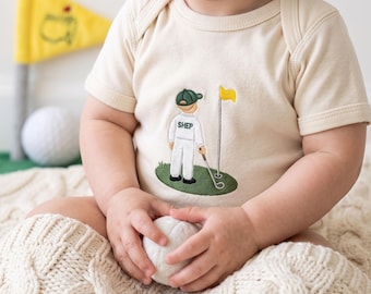 Body de bebé personalizado bordado con diseño de golf, conjunto de pequeño golfista, pelele con nombre personalizado, regalo para baby shower.