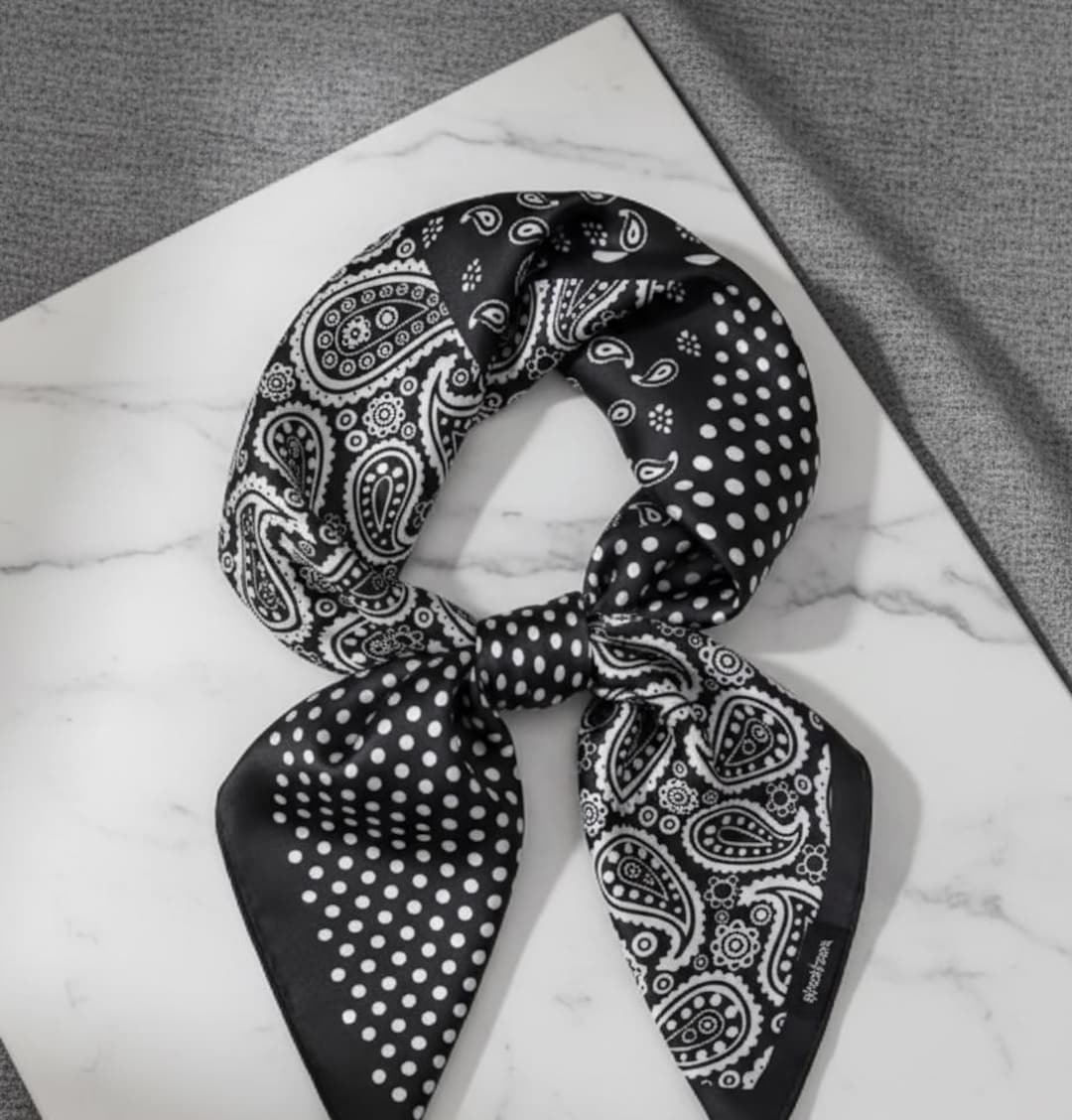 Black and White Paisley Silk Scarf for Women, Polka Dot Bandana Scarf ...