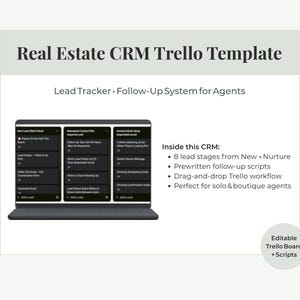 Puede incluir: Una plantilla digital de CRM inmobiliario para Trello, que muestra en una pantalla de port&aacute;til un sistema de seguimiento de clientes potenciales. El texto incluye 'Real Estate CRM Trello Template', 'Lead Tracker' y 8 etapas de clientes.