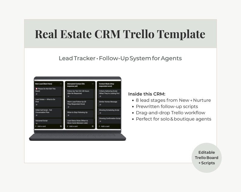 Puede incluir: Una plantilla digital de CRM inmobiliario para Trello, que muestra en una pantalla de port&aacute;til un sistema de seguimiento de clientes potenciales. El texto incluye 'Real Estate CRM Trello Template', 'Lead Tracker' y 8 etapas de clientes.