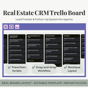 May include: A digital Real Estate CRM Trello Board template featuring a lead tracker and follow-up system. The interface displays columns with black cards containing prewritten scripts, a drag-and-drop workflow, and a boutique layout for agents.