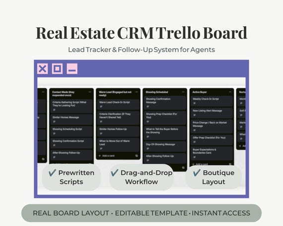 Real Estate CRM Trello Template • Lead Tracker for Agents • Realtor Pipeline Board & Follow‑Up System