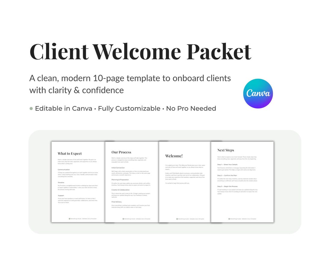 Example New Business Packet Client Welcome Packet Template • 10‑page Editable Canva Welcome Guide ...
