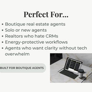 Puede incluir: Un gr&aacute;fico digital con el texto Perfect For... seguido de una lista de usuarios objetivo como agentes inmobiliarios, agentes independientes y corredores. Debajo, una tableta con teclado y un caf&eacute; sobre una superficie de m&aacute;rmol.