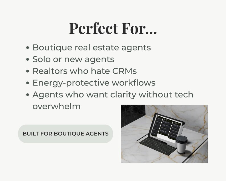 Puede incluir: Un gr&aacute;fico digital con el texto Perfect For... seguido de una lista de usuarios objetivo como agentes inmobiliarios, agentes independientes y corredores. Debajo, una tableta con teclado y un caf&eacute; sobre una superficie de m&aacute;rmol.
