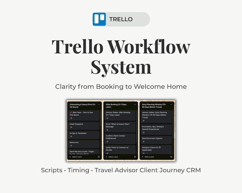 Trello Example For System Software Workflow Trello Travel Advisor Workflow System • Client Journey CRM Board - Etsy
