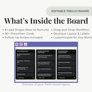Puede incluir: Una plantilla digital de tablero Trello editable con un dise&ntilde;o de ocho etapas de clientes potenciales, m&aacute;s de treinta tarjetas preescritas y guiones de seguimiento. La interfaz muestra columnas de gesti&oacute;n con flujo de trabajo de arrastrar y soltar.