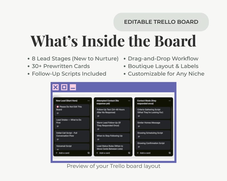 Puede incluir: Una plantilla digital de tablero Trello editable con un dise&ntilde;o de ocho etapas de clientes potenciales, m&aacute;s de treinta tarjetas preescritas y guiones de seguimiento. La interfaz muestra columnas de gesti&oacute;n con flujo de trabajo de arrastrar y soltar.
