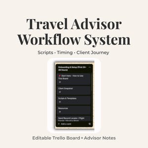 May include: A cream-coloured graphic with the text "Travel Advisor Workflow System." Below, it lists "Scripts, Timing, Client Journey." A screenshot of a Trello board is in the centre, with sections like "Onboarding & Setup" and "Client Snapshot." The bottom reads "Editable Trello Board + Advisor Notes."
