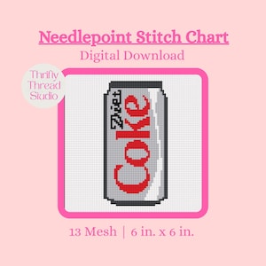 May include: A digital download of a needlepoint stitch chart featuring a pixelated Diet Coke can design. The design is in red, white, and black, set against a pink background. The chart is 6 inches by 6 inches.