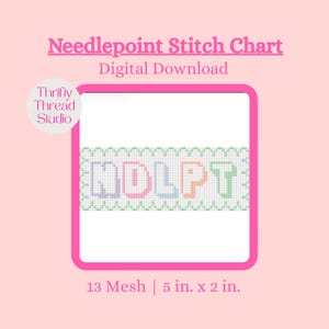 May include: A digital download needlepoint stitch chart with the text "NDLPT" in pastel colors. The chart is 5 inches by 2 inches and has a 13 mesh count. The background is light pink with a pink border.