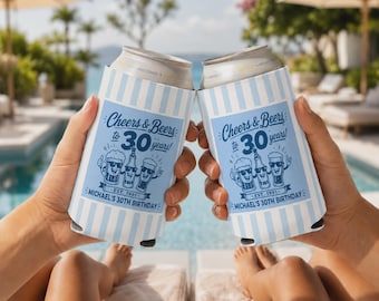Custom Can Cooler, 30th Birthday Can Koozie, Cheers and Beers to 30 Years, Birthday Can Holder, Slim Can Cooler, Party Favor
