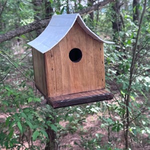 May include: A wooden birdhouse with a white roof and a dark brown base hangs from a tree. The birdhouse has a circular entrance hole and is made of light brown wood. The background features green foliage and trees.
