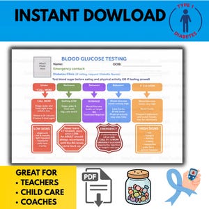 May include: A downloadable blood glucose testing chart with the text "INSTANT DOWNLOAD" at the top. The chart includes sections for emergency contacts, blood sugar levels, and actions to take. A jar of candy, a PDF icon, and a blue ribbon are also shown.