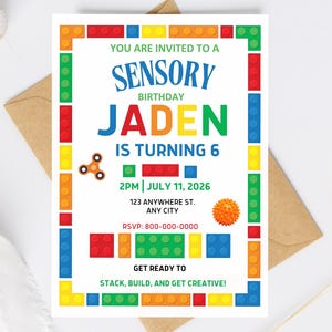 May include: A colorful birthday invitation with a border of toy blocks. The invitation reads "Sensory Birthday Jaden is turning 6" with the date and time. Includes a fidget spinner and a textured ball graphic.