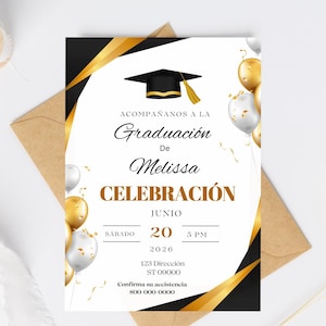 May include: Graduation announcement with gold and black accents. The invitation features a graduation cap graphic, balloons, and the text "Graduation de Melissa Celebración" with date and time details. The invitation is on a white background.