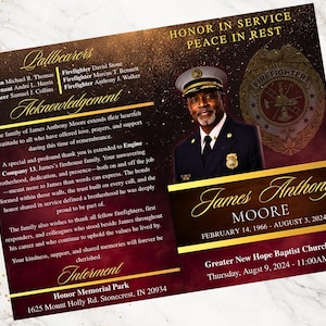 May include: A memorial card featuring a portrait of James Anthony Moore, a firefighter, in uniform. The card has gold detailing and text, including "Honour in Service, Peace in Rest" and details of his life and memorial service.