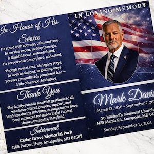 May include: A memorial card with a portrait of a man in a navy suit, set against an American flag. The card includes text honoring his service, a thank you message, and details for the interment.