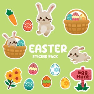May include: A collection of Easter-themed stickers on a light green background. The stickers include bunnies, Easter eggs, baskets, carrots, and a sign that says "Egg Hunt". The text "Easter Sticker Pack" is also included.