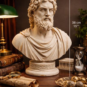 May include: A cream-colored bust of a man with a beard and laurel wreath, 15 inches tall. The sculpture sits on a decorative base. The image is of a classical theme, with other decorative items in the background.