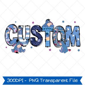 Camiseta personalizada com nome do personagem Eeyore da Disney em PNG, imagem do Castelo da Disney em PNG, camiseta combinando com o Ursinho Pooh e o personagem Eeyore da Disneyland, camiseta de aniversário em família da Disney para 2026.