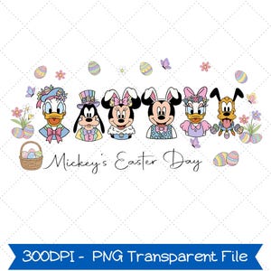 Könnte beinhalten: Eine digitale Illustration mit den Disney-Charakteren Donald Duck, Goofy, Minnie Mouse, Mickey Mouse, Daisy Duck und Pluto, die alle Ostern feiern. Der Schriftzug "Mickey's Easter Day" steht unter den Figuren, zusammen mit Ostereiern, Blumen und Schmetterlingen.